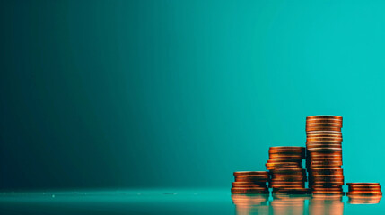 Poster - Conceptual image depicting stacks of coins symbolizing inflation on a sleek blue backdrop