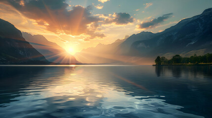 Wall Mural - sun lights of rising sun behind hte mountains nearby the water of lake. realistic hyperrealistic