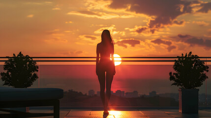 Wall Mural - Successful woman standing on luxury balcony, back view of rich female silhouette at sunset realistic hyperrealistic