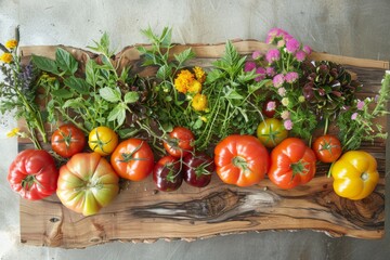 Wall Mural - Wooden cutting board with tomatoes, peppers, and flowers