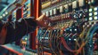 © printartist - A male electrician works in a switchboard to connect electric wires in the system. Electrician engineer test the electrical installation and power line current in an electrical system control cabinet