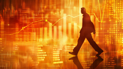 Poster - Person walking in silhouette with backdrop of rising inflation graph and fiery colors