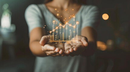 Poster - Woman's hands presenting a glowing chart symbolizing rising inflation in economy
