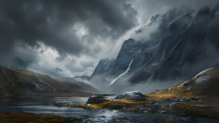 Wall Mural - The calm before a storm in a mountainous landscape, where dark, brooding clouds roll over the peaks, and the tension in the air is palpable, yet there's a striking beauty in the ominous realistic