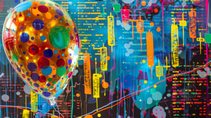 Poster - Vibrant balloon against a backdrop of fluctuating financial charts symbolizing economic inflation