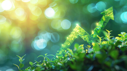 Poster - Illustration of economic expansion and inflation depicted by a rising green arrow amidst foliage