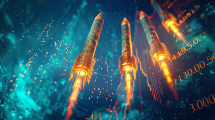 Poster - Digital illustration of rockets symbolizing the rise of inflation within financial market data