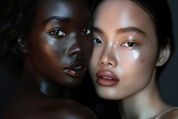 artistic portrait of Asian and African women with dramatic lighting, emphasizing diverse beauty and glossy skin