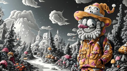 Poster - A cartoon character in a clown outfit standing on top of some trees, AI