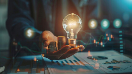 Poster - Economic inflation concept: hand holding a lightbulb with coins and financial charts