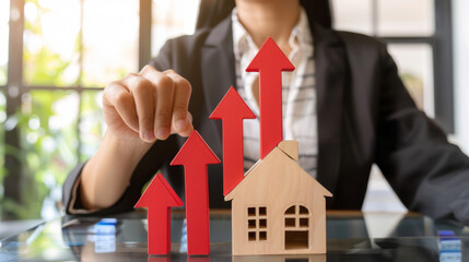 Poster - Businessperson with arrows and house model symbolizing inflation in real estate