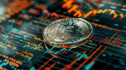 Poster - Bitcoin coin against a backdrop of financial graphs symbolizing market inflation