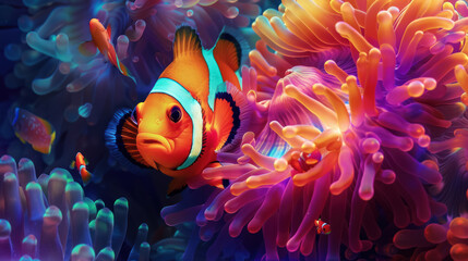 Wall Mural - clownfish swiming around  vibrant holographic coral reef