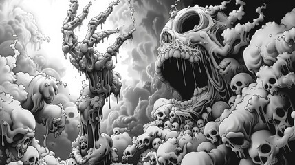 Wall Mural - A black and white drawing of a skull surrounded by clouds, AI