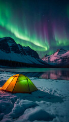 Wall Mural - A glowing tent by a calm tranquil lake with the beautiful northern lights dancing in the sky