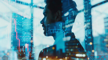 Poster - Silhouette of a man against a cityscape overlaid with financial graphs depicting inflation