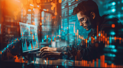 Aufkleber - Concentrated professional using computer to study financial data and inflation indicators amidst dynamic market