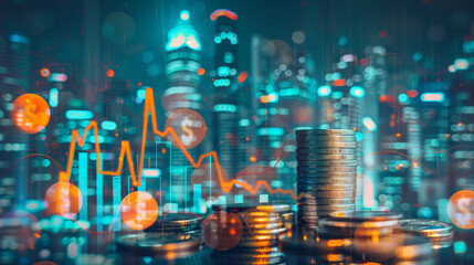 Poster - Digital illustration of coins stacked with upward financial graphs against a city skyline