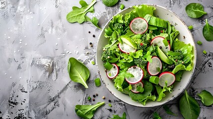 Wall Mural - Fresh green salad with radishes and spinach on a rustic background. Healthy eating concept. Ideal for food blogs, menus, and culinary websites. AI