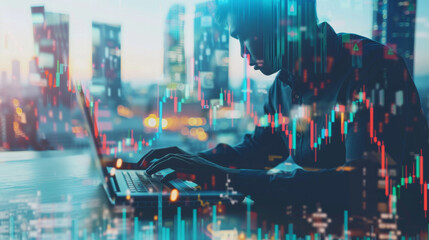 Poster - Expert tracking market fluctuations against cityscape backdrop