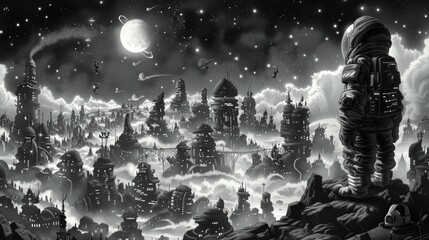 Wall Mural - A black and white painting of a city with an astronaut standing on top, AI