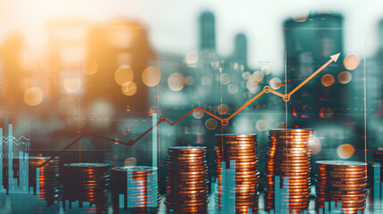 Poster - City skyline with rising coin stacks and upward graph overlay, representing inflation