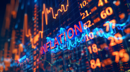 Poster - Digital display with the word 'inflation' overlaid on glowing financial graphs and figures
