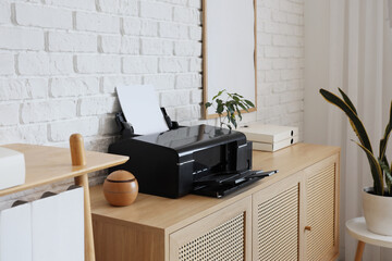 Wall Mural - Modern printer on commode near white brick wall in office