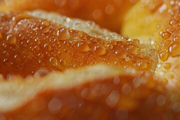 Wall Mural - Closeup of sparkling water droplets on the vibrant, textured surface of a juicy orange slice