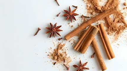 Poster - Aromatic spices on white background with star anise and cinnamon sticks. Food photography. Used in cooking and baking. AI