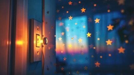 Wall Mural - Light switch off, stars out, representing the significance of conserving energy for a greener future Carbon footprint reduction