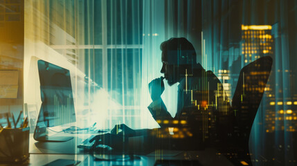 Poster - Silhouette of a professional studying computer graphs on inflation in a dark office with city backdrop