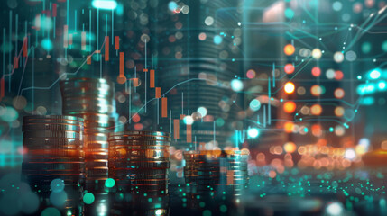 Poster - Digital illustration of rising coins stacks against digital financial graphs symbolizing inflation