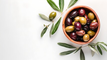 Wall Mural - A bowl of assorted olives with olive branches on a white background. Conceptual food image. Perfect for culinary blogs and healthy eating content. AI