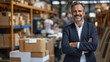 © ALEXSTUDIO - Smiling professional male manager standing confidently in a busy warehouse setting
