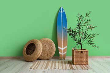 Sticker - Surfboard with poufs and plant near green wall in room