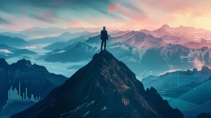 Poster - Figure stands atop a mountain, surveying a vast landscape symbolizing economic inflation