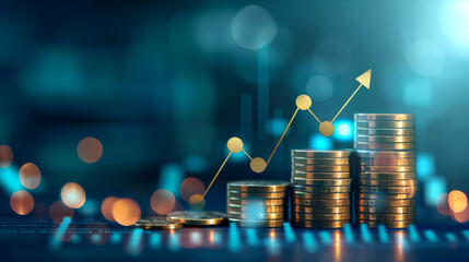 Poster - Digital illustration of growing coin stacks on a graph, representing economic inflation growth