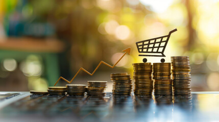 Poster - Illustration of inflation with increasing coin stacks and a cart, indicating rising prices