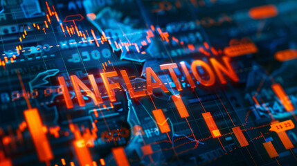 Poster - Digital stock market indicators with a vivid depiction of the word 'inflation'