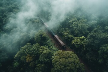 Train journey through lush forest, Train tracks winding through greenery.