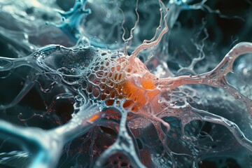 Aufkleber - A close-up insight into a human cell structure, Colorful neural network in blue and orange hues.
