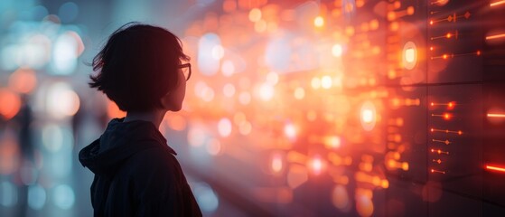 a minimalistic and vibrant scene of a person interacting with holographic icons representing 'servic