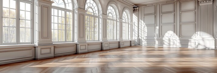 vintage-style empty banquet hall with a parquet floor and large windows. generative ai