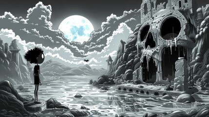 Wall Mural - A cartoon character standing in front of a lake with skulls and bones, AI