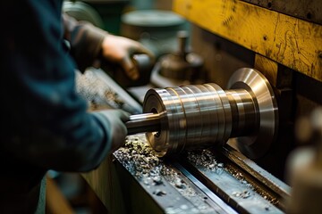 Poster - Skilled worker operating a lathe, Lathe worker professionally working with metallic machine