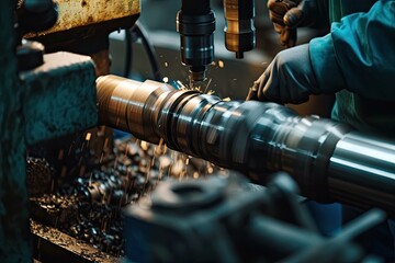 Poster - Skilled worker operating a lathe, Lathe worker professionally working with metallic machine