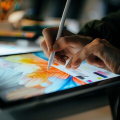 Close-up of hands using a stylus on a digital tablet to create art.