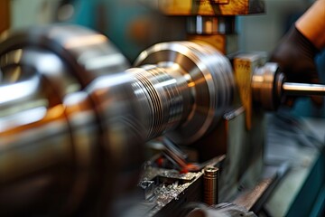 Poster - Skilled worker operating a lathe, Lathe worker professionally working with metallic machine