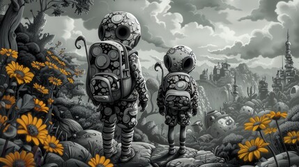 Wall Mural - A black and white painting of two children walking through a field, AI